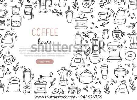 Hand drawn of website banner template with assorted coffee makers and desserts on white background. Doodle sketch style. Vector illustration for coffee shop, cafe, restaurant banner, background, frame