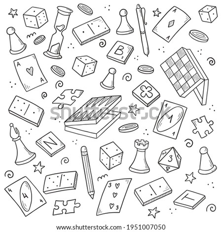 Hand drawn set of board game element, cards, chess, hourglass, chips, dice, dominoes. Doodle sketch style. Isolated vector illustration for board game shop, store, game competition.