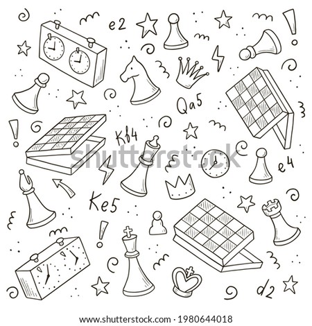 Hand drawn set of cartoon chess game elements. Doodle sketch style. Isolated vector illustration for a chess club, tournaments, competition, championship.