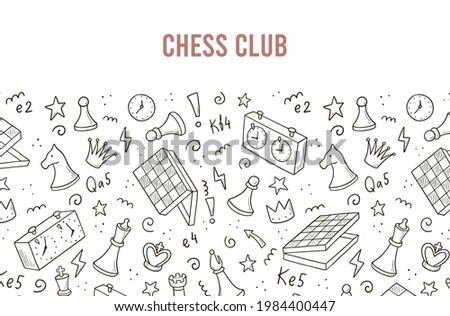 Hand drawn banners template with cartoon chess game elements. Doodle sketch style. Vector illustration for a chess club, tournaments banner, frame, brochure background.