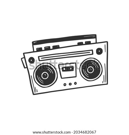 Hand drawn boombox. Doodle sketch style. Drawing line simple retro music record icon. Isolated vector illustration.