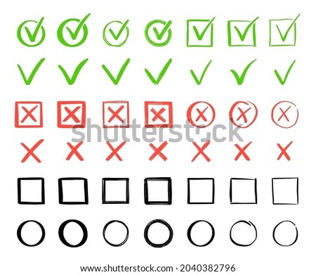 Green check and red cross mark set. Hand drawn doodle sketch style. Vote, yes, no drawn concept. Checkbox, cross mark with square, circle element. Vector illustration.