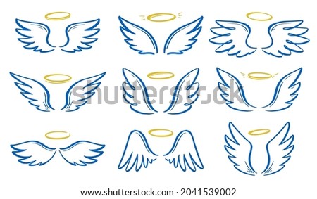 Angel doodle wing and halo set. Hand drawn sketch style wing. Angel, love, religion concept vector illustration. Pencil line drawing.