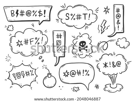 Swear word speech bubble set. Curse, rude, swear word for angry, bad, negative expression. Hand drawn doodle sketch style. Vector illustration. Foto stock © 