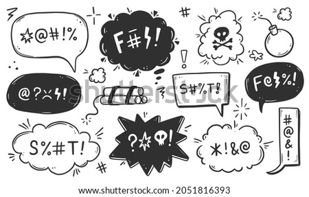 Swear word speech bubble set. Curse, rude, swear word for angry, bad, negative expression. Hand drawn doodle sketch style. Vector illustration. Foto stock © 