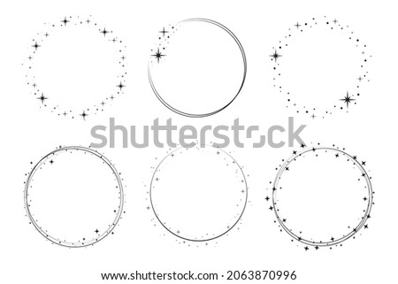 Star circle frame set. Wreath round stardust border for party, birthday decor design. Laurel frame with, cosmic glitter shine. Isolated black flat vector illustration.