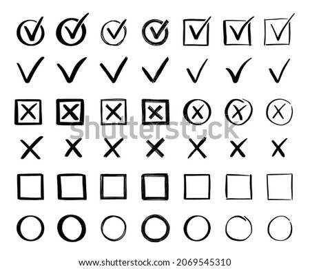 Check and cross mark set. Hand drawn doodle sketch style. Vote, yes, no drawn concept. Checkbox, cross mark with box, circle element. Vector illustration.