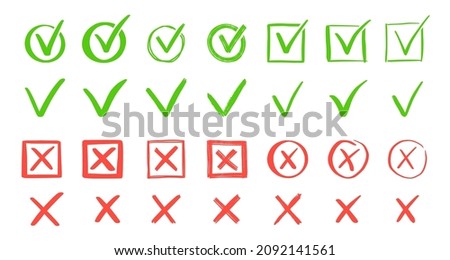 Green check and red cross mark set. Hand drawn doodle sketch style. Vote, yes, no drawn concept. Checkbox, cross mark with square, circle element. Vector illustration.