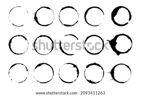 Coffee stain ring set. Vector illustration. Drink stain stamp with round shape and splash element. Coffee cup bottom circle effect.