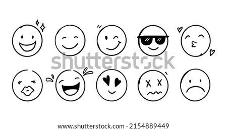 Doodle Emoji face icon set. Hand drawn sketch style. Emoji with different emotion mood, happy, sad, smile face. Comic line art vector illustration.