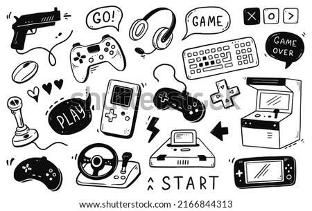 Video game hand drawn doodle set. Video gamer console, joystick, controller element. Computer retro, arcade play background. Vector illustration.