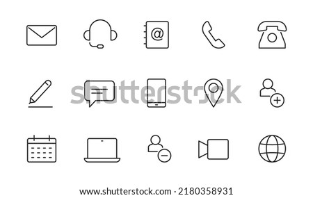Contact, address line icon set. Mail, telephone adress, message symbol for website button. Editable stroke thin line design icon set. Vector illustration.
