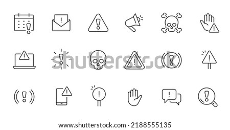 Alert, risk sign line icon set. Caution, warning, exclamation mark thin editable line stroke icon. Alert information, accident notification vector illustration.