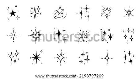 Line star glitter shine of doodle set. Star shine glow, spark glitter, sparkle light vector illustration. Hand drawn sketch doodle style..