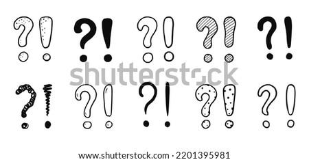 Doodle exclamation point and question sign mark set. Hand drawn sketch style exclamation point sign, question mark. Scribble doodle warning sign. Isolated vector illustration.