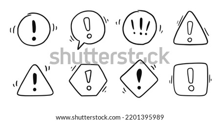 Hand drawn exclamation mark, alert sign set. Scribble doodle exclamation point, warning, hazard sign. Hand drawn sketch danger information sign. Vector illustration.