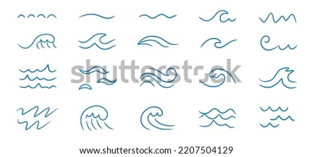 Wave sea line doodle icon set. Hand drawn sketch water wave outline. Simple curve, scribble aqua flow. Isolated vector illustration.