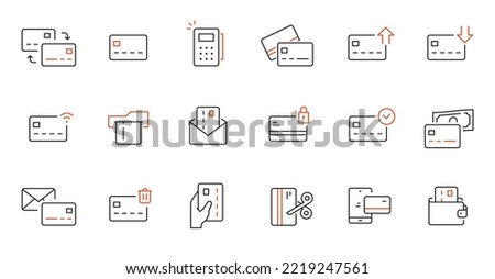 Credit card line icon set. Credit card payment, money transfer, mobile bank business pictogram. Outline editable stroke icon set. Vector illustration.
