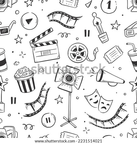 Movie, cinema vector pattern. Doodle hand drawn sketch style movie seamless pattern. Cinema elements for media production, festival, theater background. Vector illustration.