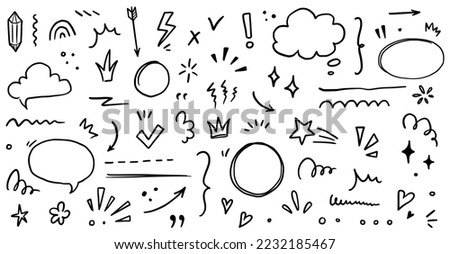 Sketch underline, emphasis, arrow shape set. Hand drawn brush stroke, highlight, speech bubble, underline, sparkle element. Vector illustration.