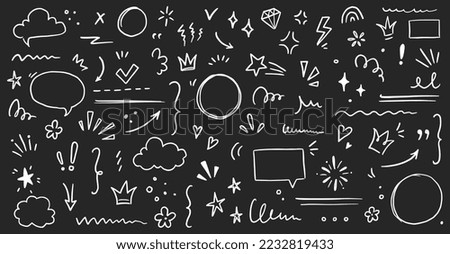 Sketch underline, emphasis, arrow shape set chalkboard. Hand drawn brush stroke, highlight, speech bubble, underline, sparkle element. Vector illustration.