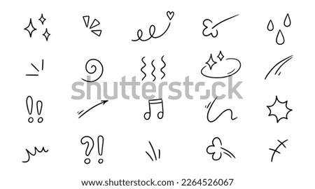 Line movement element, emotion effect decoration icon. Hand drawn doodle line element arrow, emphasis, wind, sparkle. Anime emotion, express shape. Vector illustration.