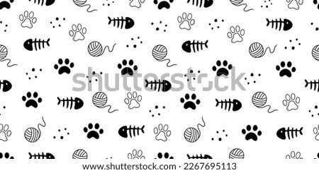 Cat toy, fooprint pattern seamless. Hand drawn sketch doodle kitty cute element on white background. Fish bone, footprint, cat toy element. Pet veterinary pattern. Vector illustration.