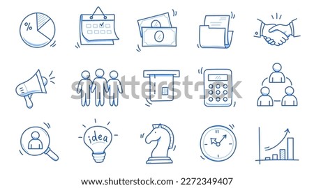 Doodle business icon set. Doodle business, finance, office teamwork concept. Calendar, calculator, chart element. Hand drawn sketch style vector illustration