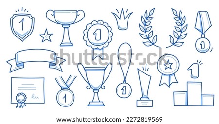 Award doodle hand drawn trophy set. Winner award cup, champion medal, win certificate. Hand drawn doodle sketch style champion, victory, success elements. Vector illustration