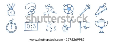 Soccer doodle icon. Football goal, award cup, whistle hand drawn line doodle sketch style equipment icon. Vector illustration