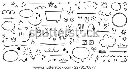 Sketch underline, emphasis, arrow shape set. Hand drawn brush stroke, highlight, speech bubble, underline, sparkle element. Vector illustration