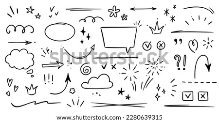 Sketch underline, emphasis, arrow shape set. Hand drawn brush stroke, highlight, speech bubble, underline, sparkle element. Vector illustration