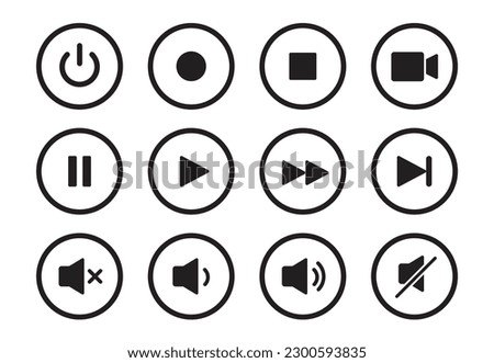 Audio, video, music player circle button icon. Sound control, play, pause button solid icon set. Camera, media control, microphone interface pictogram. Vector illustration.