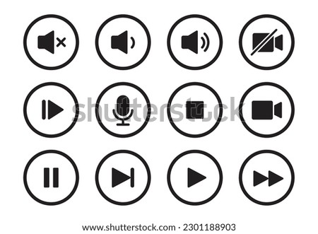 Audio, video, music player circle button icon. Sound control, play, pause button solid icon set. Camera, media control, microphone interface pictogram. Vector illustration.