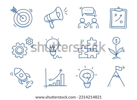 Business idea, startup doodle line icon set. Hand drawn doodle sketch line style business strategy, finance goal concept. Rocket, target, brain cute element. Vector illustration