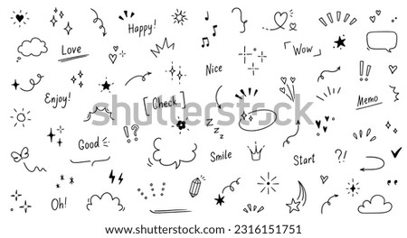 Doodle cute heart, glitter pen line elements. Doodle heart, arrow, star, sparkle decoration symbol set icon. Simple sketch line style emphasis, glitter star, pattern elements. Vector illustration.