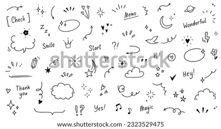 Doodle cute star, sparkle pen line elements. Doodle heart, emphasis, star, sparkle decoration symbol set icon. Simple sketch line style emphasis, glitter, pattern elements. Vector illustration.
