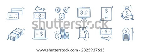 Money cash, coin business doodle icon set. Dollar coin, money profit doodle line sketch business inflation, cash payment. Financial profit, growth icon. Outline editable stroke. Vector illustration