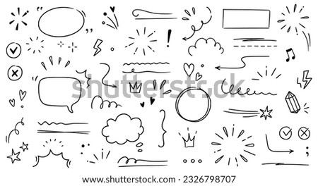 Line highlight brush, text emphasis, underline brush. Hand drawn scribble highlight, arrow, star sparkle. Text underline drawn, speech bubble, marker brush. Vector illustration.