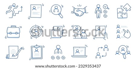 Doodle line icon set work, business job search. Doodle sketch hand drawn style employee search, business work career, company people team icon. Job interview, team person concept. Vector illustration