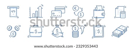 Money cash, coin business doodle icon set. Dollar coin, money profit doodle line sketch business inflation, cash payment. Financial profit, growth icon. Outline editable stroke. Vector illustration