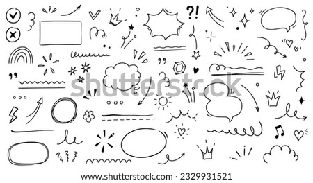 Hand drawn line highlight, speech bubble, brush underline. Text emphasis, star sparkle, pencil underline elements. Hand drawn sketch cloud speech bubble, arrow, emphasis. Vector illustration.