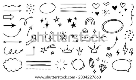 Sketch line arrow element, star, heart shape. Hand drawn doodle sketch style circle, cloud speech bubble grunge element set. Arrow, star, heart brush decoration. Vector illustration