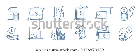 Money cash, coin business doodle icon set. Dollar coin, money profit doodle line sketch business inflation, cash payment. Financial profit, growth icon. Outline editable stroke. Vector illustration