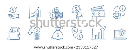 Money cash, coin business doodle icon set. Dollar coin, money profit doodle line sketch business inflation, cash payment. Financial profit, growth icon. Outline editable stroke. Vector illustration