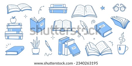 Book stack sketch set. Hand drawn sketch doodle style line book stack. Library, reading, school doodle concept icon background. Blue pen line style stroke. Vector illustration