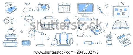 Office work doodle set. Office computer, work desk, notebook doodle icon. Hand drawn blue sketch style illustration. Business, school education hand drawn elements. Vector illustration.
