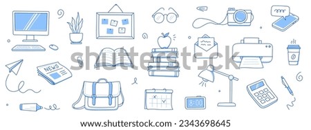 Office work doodle set. Office computer, work desk, notebook doodle icon. Hand drawn blue sketch style illustration. Business, school education hand drawn elements. Vector illustration.