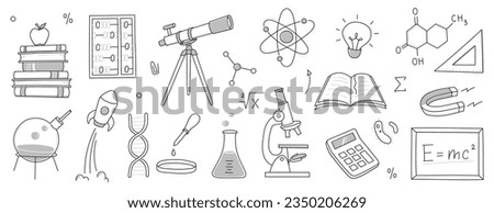 Doodle science, education school icon. Hand drawn sketch style doodle science background. School chemistry, physics education, biology concept icon. Hand drawn line vector illustration.