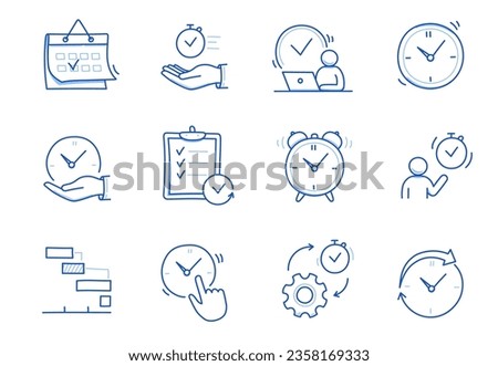Time, calendar doodle line icon set. Hand drawn doodle sketch line style business time management, project deadline concept. Alarm clock, calendar, stopwatch cute elements. Vector illustration